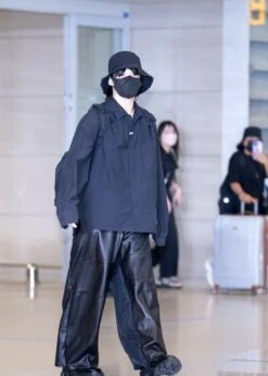 Black Faux Leather Straight Cut Pants | Jungkook - BTS -Diva s Closet 230724 Jungkook at Incheon International Airport documents 5 600x841 1