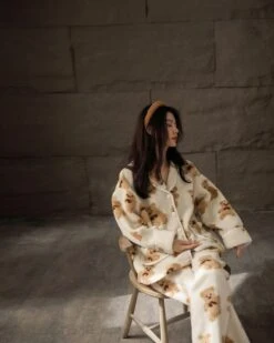 Beige Button Down Bear Pattern Pajama Set | Enhypen - Jungwon -Diva s Closet Beige Button Down Bear Pattern Pajama Set Enhypen Jungwon 11 600x750 1