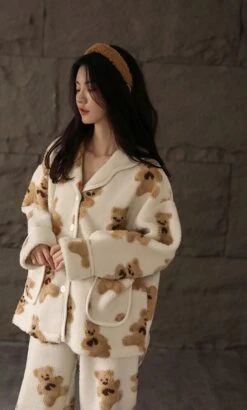 Beige Button Down Bear Pattern Pajama Set | Enhypen - Jungwon -Diva s Closet Beige Button Down Bear Pattern Pajama Set Enhypen Jungwon 8 600x997 1