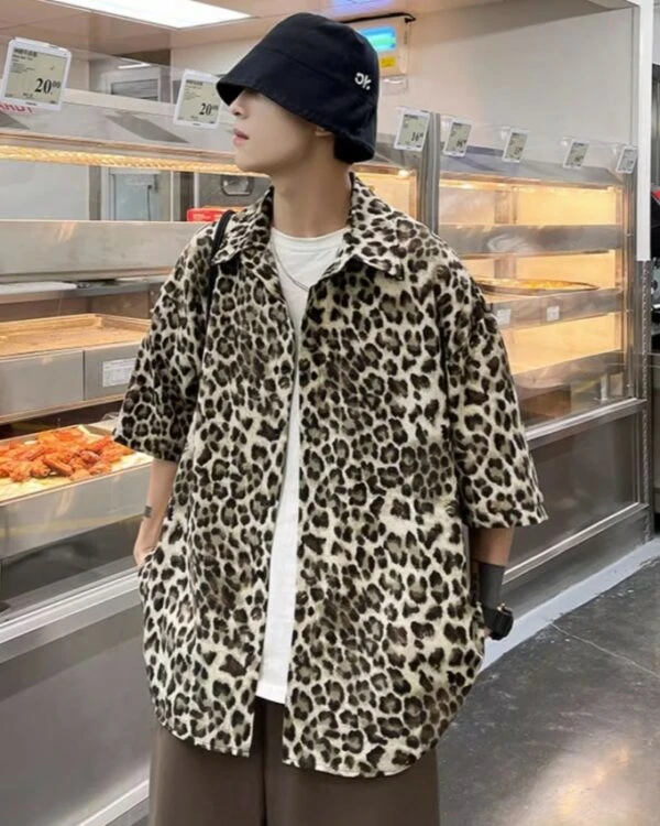 Beige Leopard Print Short Sleeves Oversized Shirt | Taehyung - BTS 3 Beige Leopard Print Short Sleeves Oversized Shirt | Taehyung - BTS