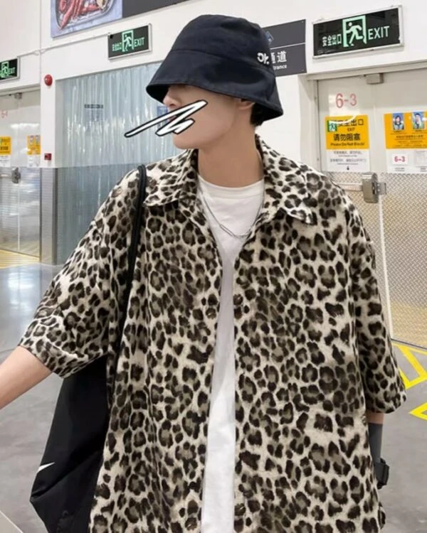 Beige Leopard Print Short Sleeves Oversized Shirt | Taehyung - BTS 5 Beige Leopard Print Short Sleeves Oversized Shirt | Taehyung - BTS - Image 3
