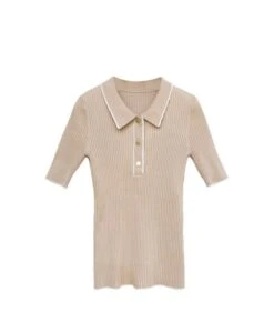 Beige Rib Knit Short Sleeve Polo Shirt | Jennie - Blackpink