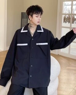 Black Button-Down Shirt With Lined Collar | Sunoo - Enhypen -Diva s Closet Black Button Down Shirt With Lined Collar Sunoo Enhypen 11