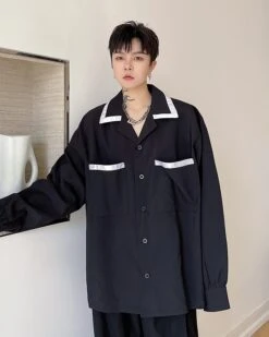 Black Button-Down Shirt With Lined Collar | Sunoo - Enhypen -Diva s Closet Black Button Down Shirt With Lined Collar Sunoo Enhypen 2