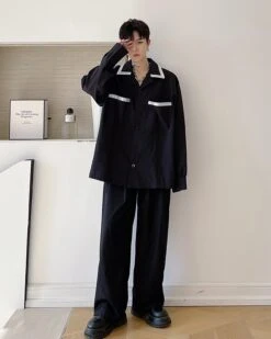 Black Button-Down Shirt With Lined Collar | Sunoo - Enhypen -Diva s Closet Black Button Down Shirt With Lined Collar Sunoo Enhypen 3