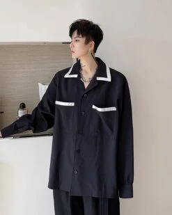 Black Button-Down Shirt With Lined Collar | Sunoo - Enhypen -Diva s Closet Black Button Down Shirt With Lined Collar Sunoo Enhypen 4