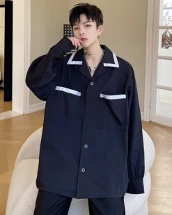 Black Button-Down Shirt With Lined Collar | Sunoo - Enhypen -Diva s Closet Black Button Down Shirt With Lined Collar Sunoo Enhypen 7