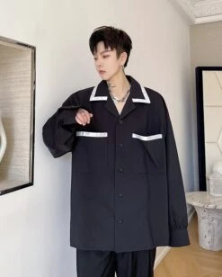 Black Button-Down Shirt With Lined Collar | Sunoo - Enhypen -Diva s Closet Black Button Down Shirt With Lined Collar Sunoo Enhypen 8