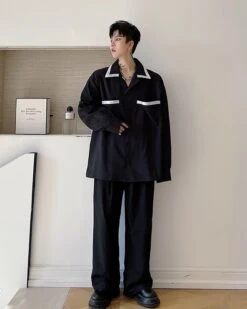 Black Button-Down Shirt With Lined Collar | Sunoo - Enhypen -Diva s Closet Black Button Down Shirt With Lined Collar Sunoo Enhypen 9