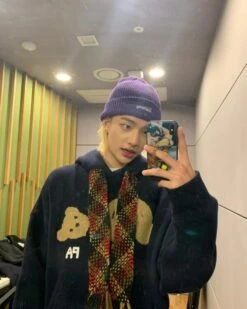 Black Graphic Bear Hoodie | Hyunjin - Stray Kids -Diva s Closet Black Graphic Bear Hoodie Hyunjin Stray Kids 9 600x750 1