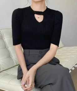 Black Ribbed Hollow Neck Top | Jihyo - Twice -Diva s Closet Black Ribbed Hollow Neck Top Jihyo Twice 6 600x710 1