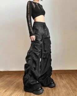Black Ruched Wide Leg Pants | Chaewon - Le Sserafim -Diva s Closet Black Ruched Wide Leg Pants Chaewon Le Sserafim 3