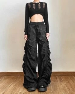 Black Ruched Wide Leg Pants | Chaewon - Le Sserafim