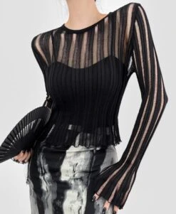 Black Striped Long Sleeves Mesh Top | Yiren - Everglow