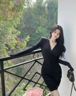 Black V-Neck Ruched Bodycon Dress | Rose - BlackPink -Diva s Closet Black V Neck Ruched Bodycon Dress Rose BlackPink 2 600x750 1