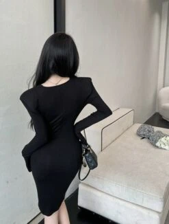 Black V-Neck Ruched Bodycon Dress | Rose - BlackPink -Diva s Closet Black V Neck Ruched Bodycon Dress Rose BlackPink 5 600x792 1