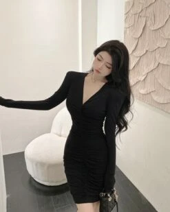 Black V-Neck Ruched Bodycon Dress | Rose - BlackPink -Diva s Closet Black V Neck Ruched Bodycon Dress Rose BlackPink 7 600x751 1