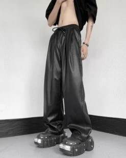 Black Wide Leg Faux Leather Pants | Jungkook - BTS