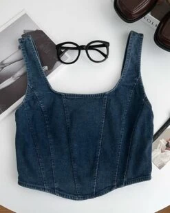 Blue Denim Corset-Style Crop Top | Sana - Twice