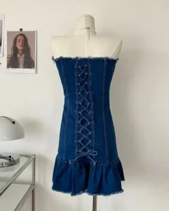 Blue Denim Lace-Up Tube Dress | Rose - BlackPink -Diva s Closet Blue Denim Lace Up Tube Dress Rose BlackPink 10 600x750 1