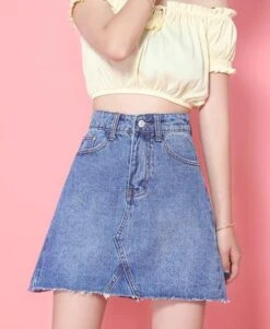 Blue Distressed Stitched-Up Crotch Skirt | Nayeon - Twice