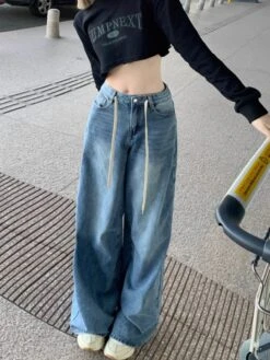 Blue Drawstring Wide Leg Jeans | Nayeon - Twice -Diva s Closet Blue Drawstring Wide Leg Jeans Nayeon Twice 3 600x799 1