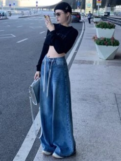 Blue Drawstring Wide Leg Jeans | Nayeon - Twice -Diva s Closet Blue Drawstring Wide Leg Jeans Nayeon Twice 5 600x798 1