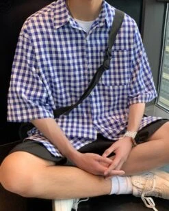 Blue Gingham Short Sleeves Shirt | Junghwan - Treasure -Diva s Closet Blue Gingham Short Sleeves Shirt Junghwan Treasure 2 600x750 1