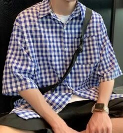 Blue Gingham Short Sleeves Shirt | Junghwan - Treasure -Diva s Closet Blue Gingham Short Sleeves Shirt Junghwan Treasure 3 600x651 1