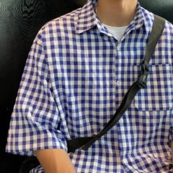 Blue Gingham Short Sleeves Shirt | Junghwan - Treasure -Diva s Closet Blue Gingham Short Sleeves Shirt Junghwan Treasure 4 600x601 1