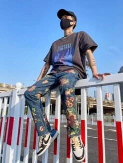 Blue Painted Floral Jeans | Hyunsuk - Treasure -Diva s Closet Blue Painted Floral Jeans Hyunsuk Treasure 1 600x797 1