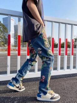 Blue Painted Floral Jeans | Hyunsuk - Treasure -Diva s Closet Blue Painted Floral Jeans Hyunsuk Treasure 5 600x805 1