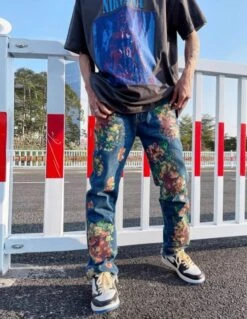 Blue Painted Floral Jeans | Hyunsuk - Treasure -Diva s Closet Blue Painted Floral Jeans Hyunsuk Treasure 7 600x775 1