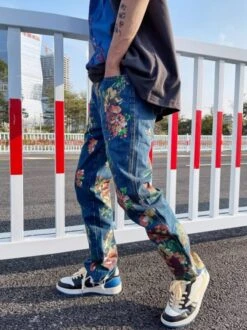 Blue Painted Floral Jeans | Hyunsuk - Treasure -Diva s Closet Blue Painted Floral Jeans Hyunsuk Treasure 8 600x802 1