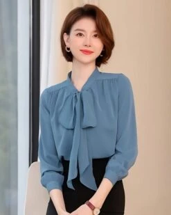 Blue Ribbon Long Sleeves Chiffon Blouse | Taehyun - TXT