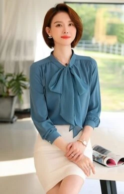 Blue Ribbon Long Sleeves Chiffon Blouse | Taehyun - TXT -Diva s Closet Blue Ribbon Long Sleeves Chiffon Blouse Taehyun TXT 2 600x943 1