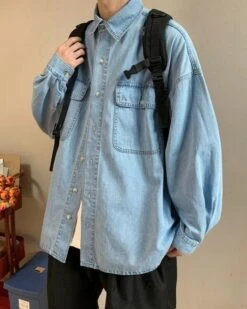 Blue Square-Pocketed Denim Shirt | Mingi - ATEEZ -Diva s Closet Blue Square Pocketed Denim Shirt Mingi ATEEZ 1 600x750 1