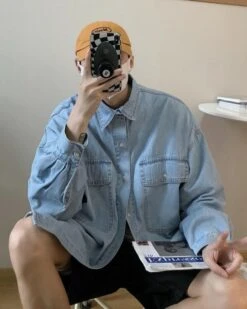 Blue Square-Pocketed Denim Shirt | Mingi - ATEEZ -Diva s Closet Blue Square Pocketed Denim Shirt Mingi ATEEZ 2 1 600x750 1
