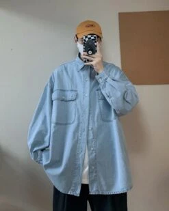 Blue Square-Pocketed Denim Shirt | Mingi - ATEEZ -Diva s Closet Blue Square Pocketed Denim Shirt Mingi ATEEZ 3 1 600x750 1
