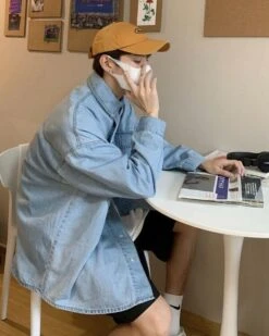 Blue Square-Pocketed Denim Shirt | Mingi - ATEEZ -Diva s Closet Blue Square Pocketed Denim Shirt Mingi ATEEZ 3 600x750 1