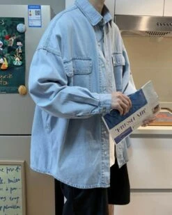 Blue Square-Pocketed Denim Shirt | Mingi - ATEEZ -Diva s Closet Blue Square Pocketed Denim Shirt Mingi ATEEZ 7 600x750 1