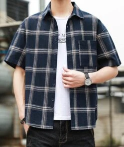 Blue Wide Plaid Short Sleeves Shirt | Doyoung - NCT -Diva s Closet Blue Wide Plaid Short Sleeves Shirt Doyoung NCT 3 600x709 1