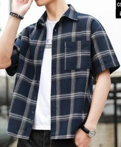 Blue Wide Plaid Short Sleeves Shirt | Doyoung - NCT -Diva s Closet Blue Wide Plaid Short Sleeves Shirt Doyoung NCT 4 600x731 1