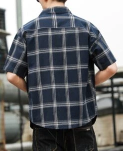 Blue Wide Plaid Short Sleeves Shirt | Doyoung - NCT -Diva s Closet Blue Wide Plaid Short Sleeves Shirt Doyoung NCT 5 600x734 1