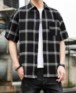 Blue Wide Plaid Short Sleeves Shirt | Doyoung - NCT -Diva s Closet Blue Wide Plaid Short Sleeves Shirt Doyoung NCT 6 600x731 1