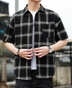 Blue Wide Plaid Short Sleeves Shirt | Doyoung - NCT -Diva s Closet Blue Wide Plaid Short Sleeves Shirt Doyoung NCT 9 600x731 1