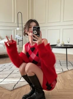 Red Argyle Mini Dress | Chaeryeong - ITZY -Diva s Closet Chaeryeong ITZY Red Argyle Mini Dress 6 600x811 1