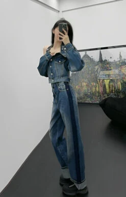 Blue Halter Neck Off-Shoulder Denim Top | Chaewon - Le Sserafim -Diva s Closet Chaewon Le Sserafim Blue Halter Neck Off Shoulder Denim Jacket 3 1
