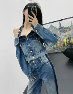 Blue Halter Neck Off-Shoulder Denim Top | Chaewon - Le Sserafim