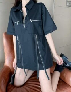 Black Zipper Polo Shirt | Changbin - Stray Kids -Diva s Closet Changbin Stray Kids Black Zipper Shirt 6 e1643800785309 600x770 1